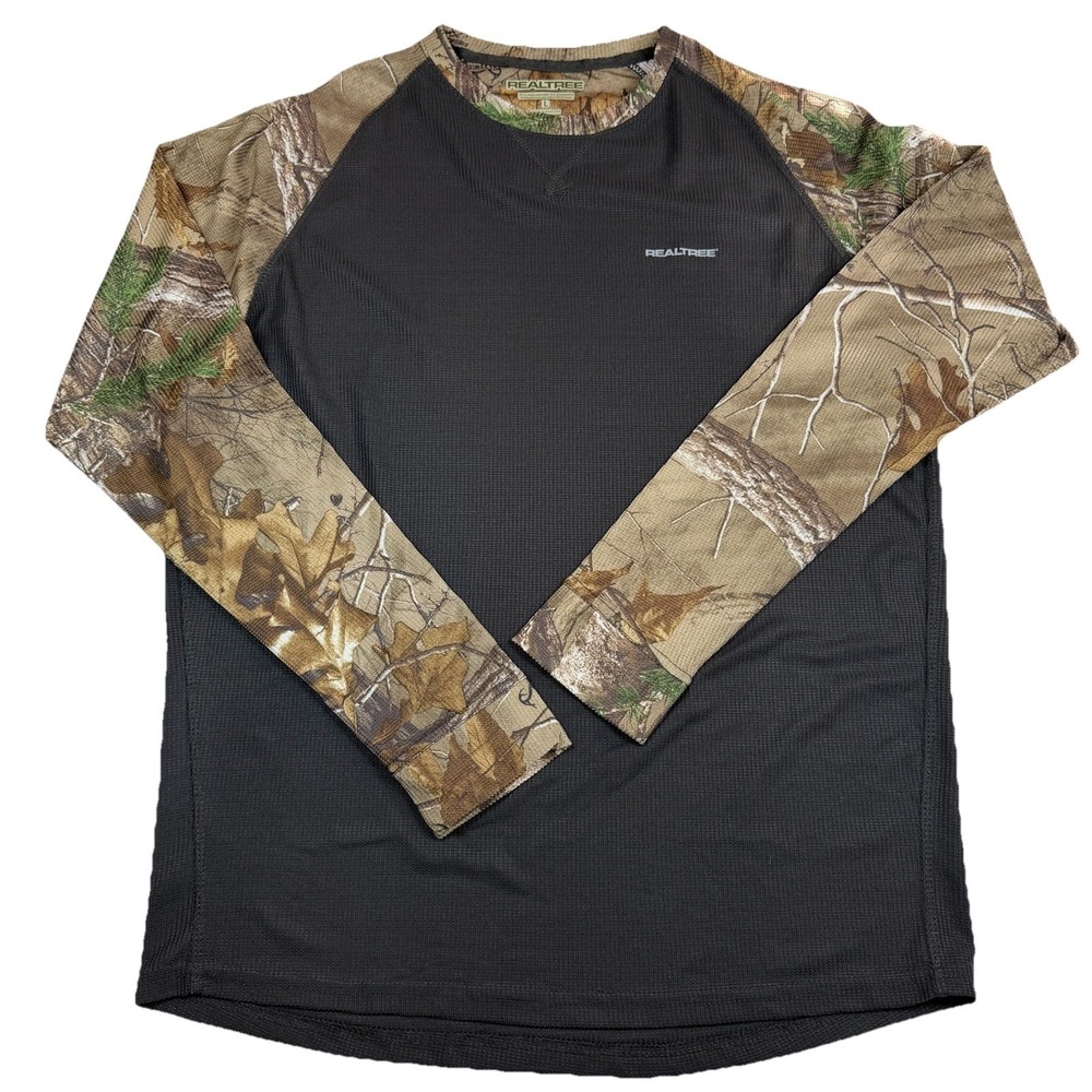 Realtree Long Sleeve Waffle Knit Shirt Mens‎ L Camo Brown Sleeves Black Body GUC